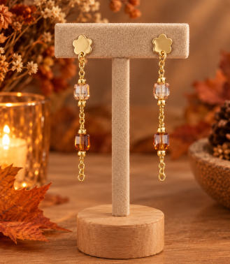 Amber Crystal Vierkante Beads Oorbellen Goudkleurig