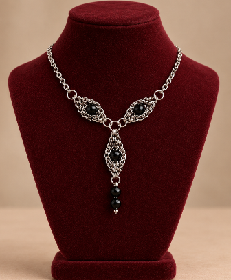 Handgemaakte ketting – Black Onyx – RVS Witgoud Plated – 50 cm – Luxe Boutique‑stijl