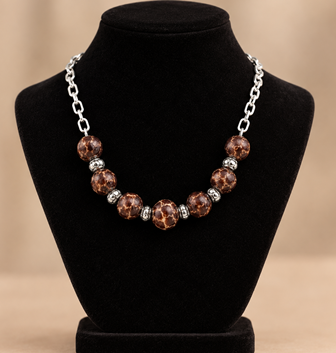 Zilverkleurige Ketting met Synthetische Marbled Beads 10–12 mm