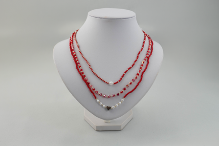 Handgemaakte 3‑delige Boho Beadwork Ketting – Glascrystal Rood – 45 cm