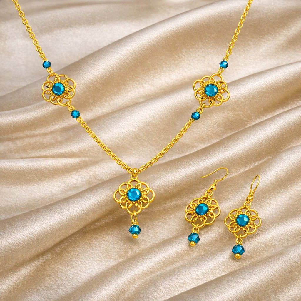 Chainmail RVS gold plated bloem – Set – Glas crystal blauw – Lengte 45 cm