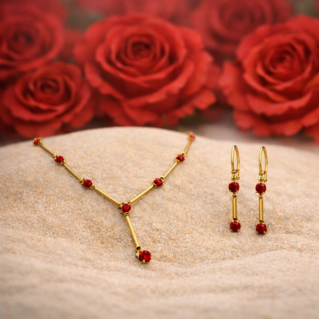 Ruby Red – Y‑Ketting & Oorbellen Set