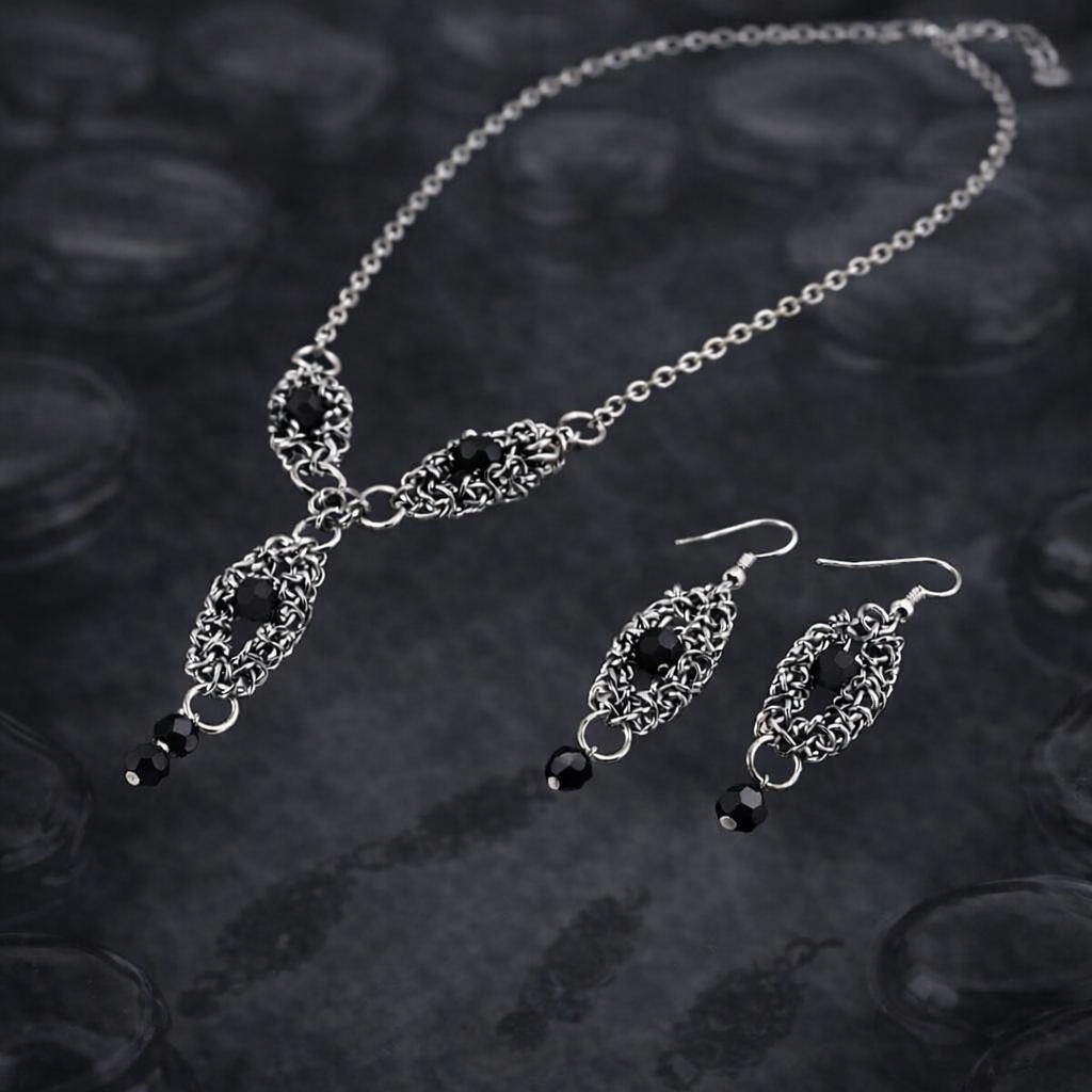 Black Onyx Chainmail – Ketting & Oorbellen Set (RVS | Witgoud Plated)