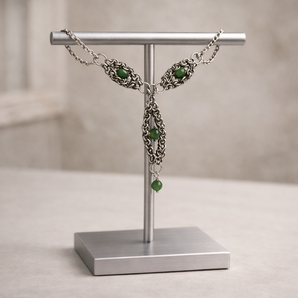 Handgemaakte ketting met groene jade kralen – chainmaille design