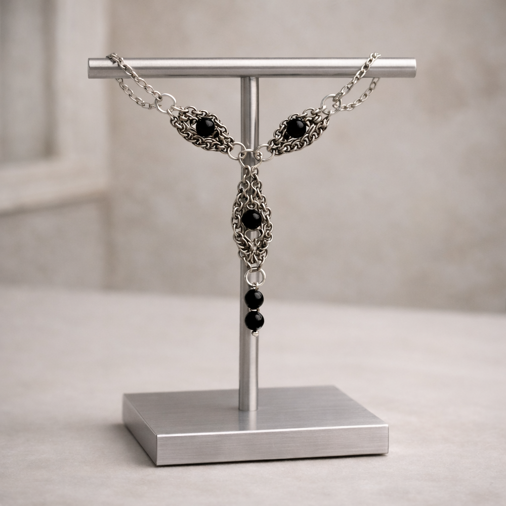 Handgemaakte ketting – Black Onyx – RVS Witgoud Plated – 50 cm – Luxe Boutique‑stijl