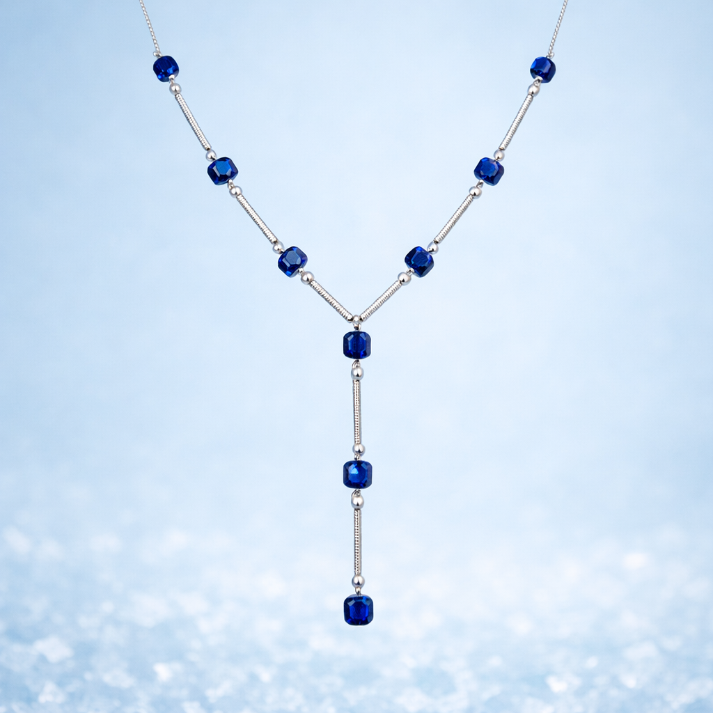 Minimalistische Y‑ketting met blauwe crystal steentjes – Ziver