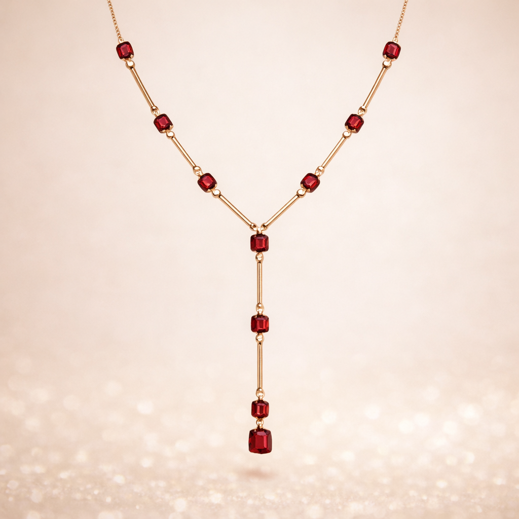 Zilveren Y‑ketting met rubi rode crystal steentjes