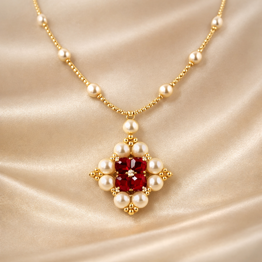 Pearl & Ruby Blossom – Goudkleurige Ketting met Parel en Ruby Accenten