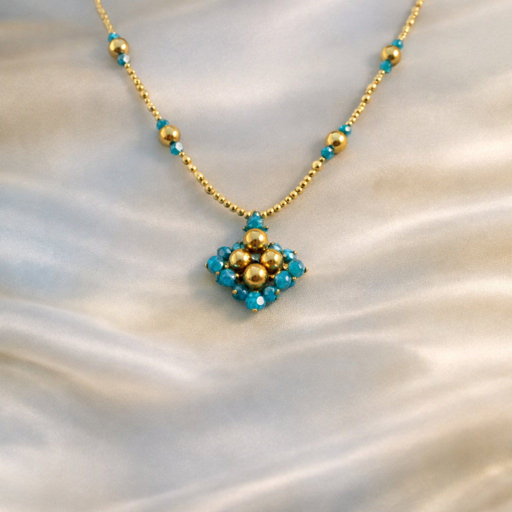 Turquoise Miyuki Ketting met Kristalbloem