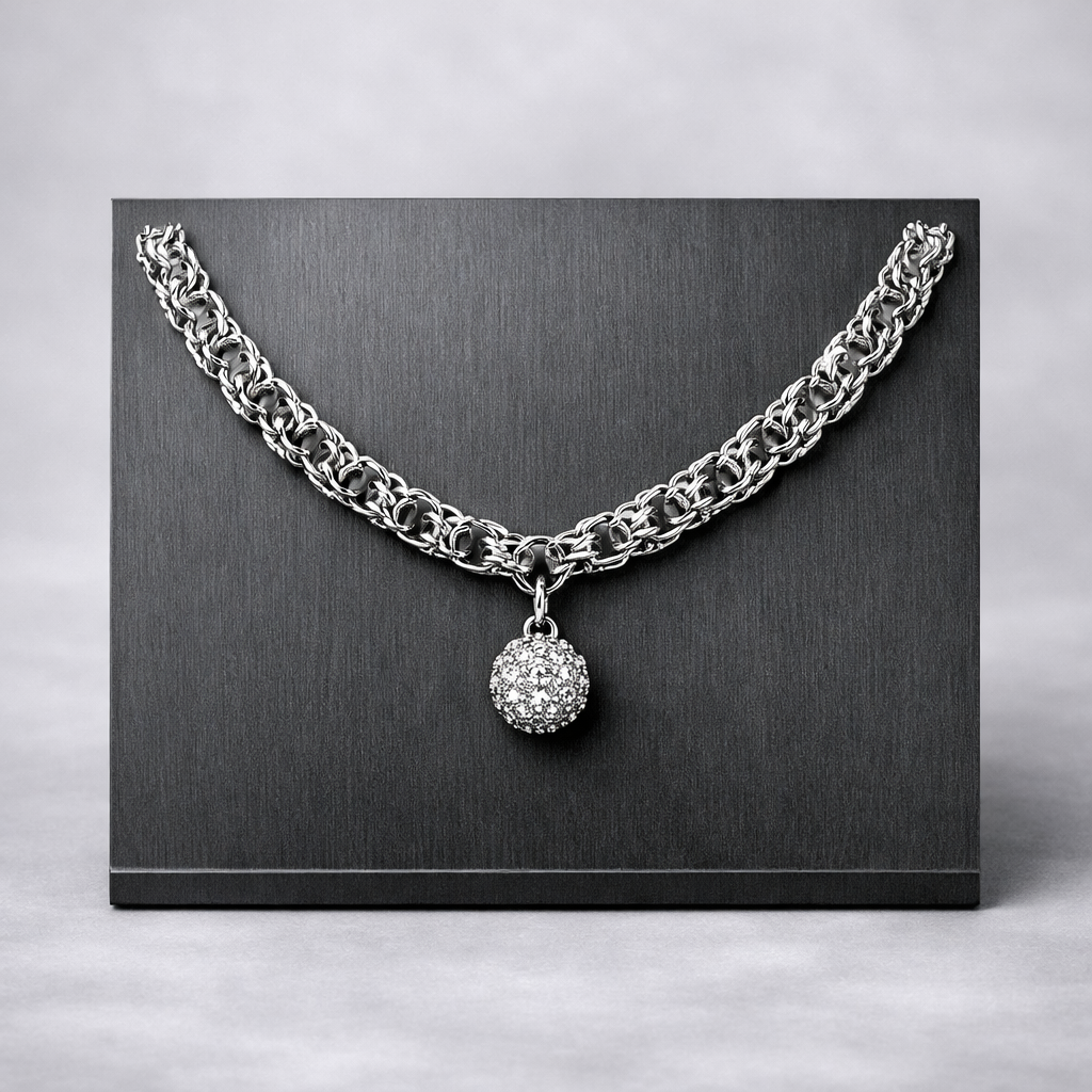 Chainmail Ketting – RVS Witgoud Plated – Zirkonia Bead – 45 cm