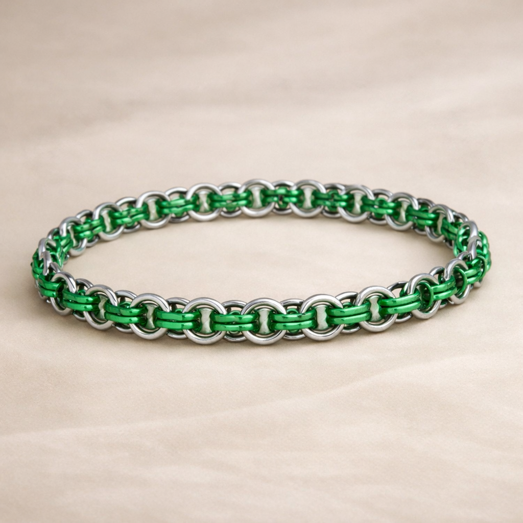 Dames Armband – Chainmail Groen – RVS Witgoud Plated