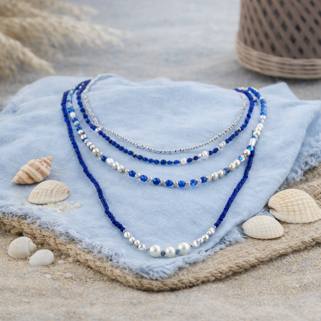Handgemaakte 3‑delige Boho Ketting – Glascrystal Blauw/Wit – 45 cm