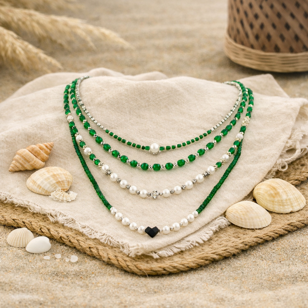 Handgemaakte 3‑delige Boho Beadwork Ketting – Glascrystal Groen – 45 cm
