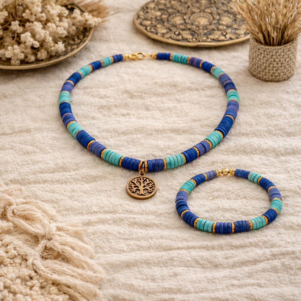 Zomerse Katsuki Set – Blauw/Turquoise – Ketting & Armband – Handgemaakt