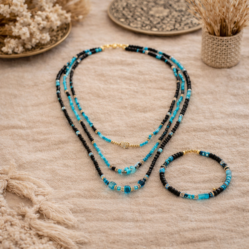 Handgemaakte Boho Beadwork Ketting – 3‑Delig – Blauw – 45 cm