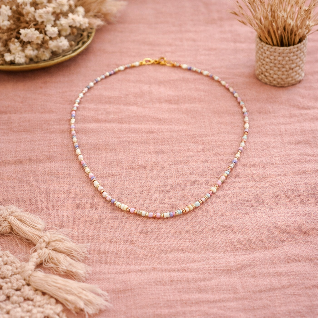 Handgemaakte Miyuki ketting – pastel roze & lavendel – boho stijl